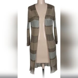 Zara Striped Open-Front Long Cardigan - Taupe & Light Gray